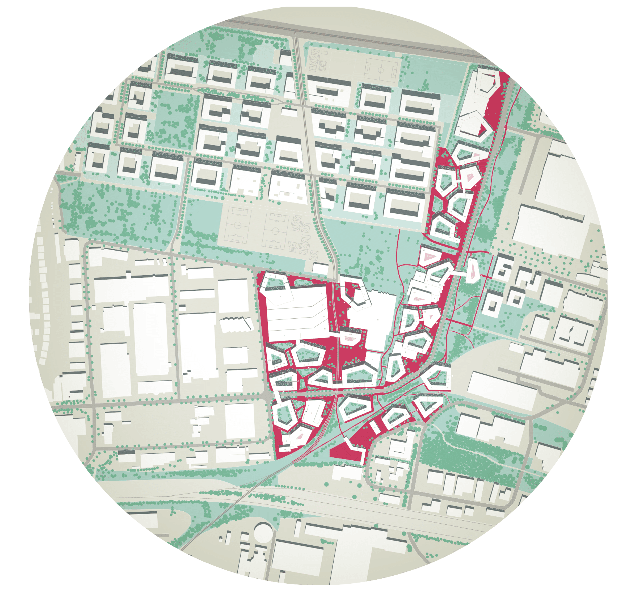 Die Maria-Probst-Straße (rot) wird vom motorisierten Individualverkehr entlastet und in eine 30er-Zone umgewandelt. Stattdessen setzen die Studentinnen auf das Fahrrad und den öffentlichen Verkehr. (c) Katharina Dauer