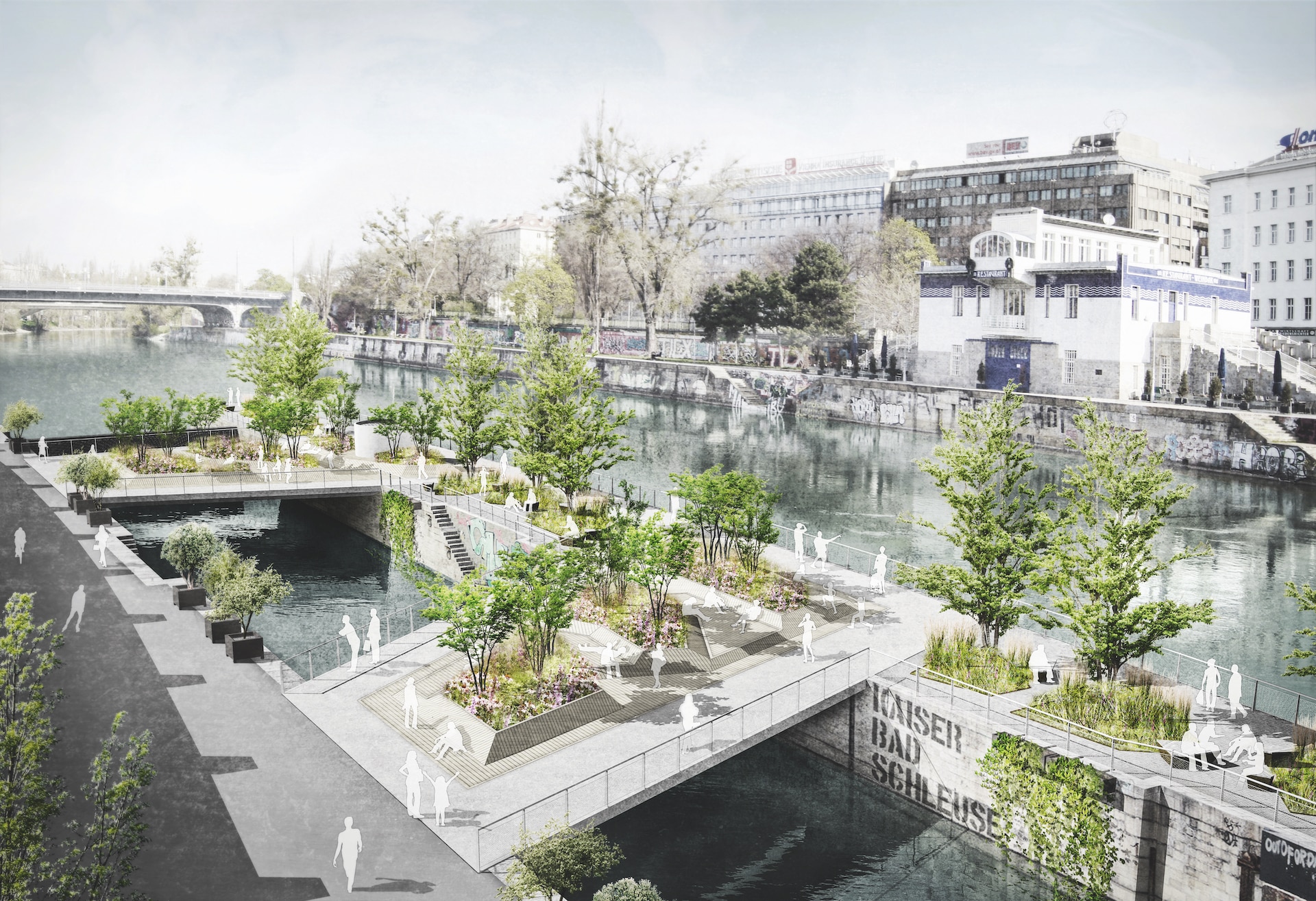 Die Visualisierungen für die schwimmenden Gärten in Wien erstellte Carla Lo für den Wahlkampf 2015. Fünf Jahre später wurde das Projekt dann tatsächlich auch umgesetzt. Visualisierung: Carla Lo