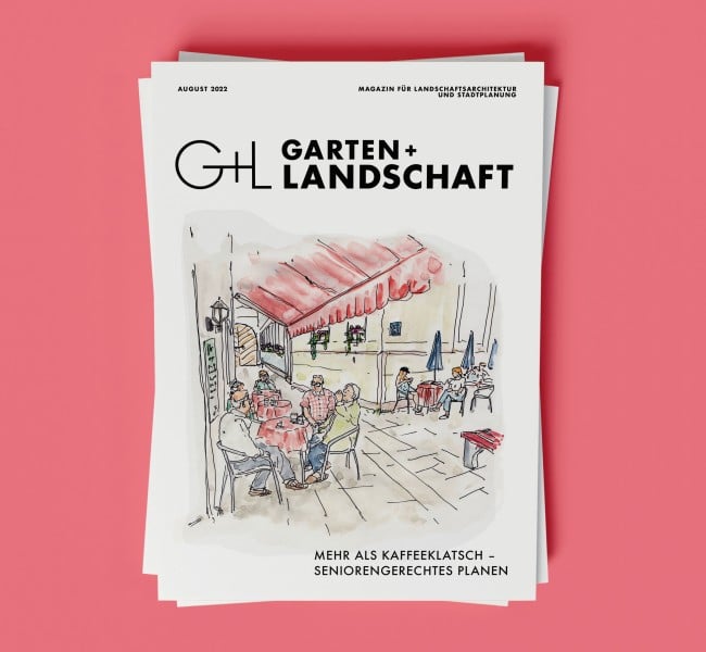 Cover der Augustausgabe der Garten+Landschaft zum Thema Seniorengerechtes Planen mit einer Illustration von Anja Flieda Fritzsche