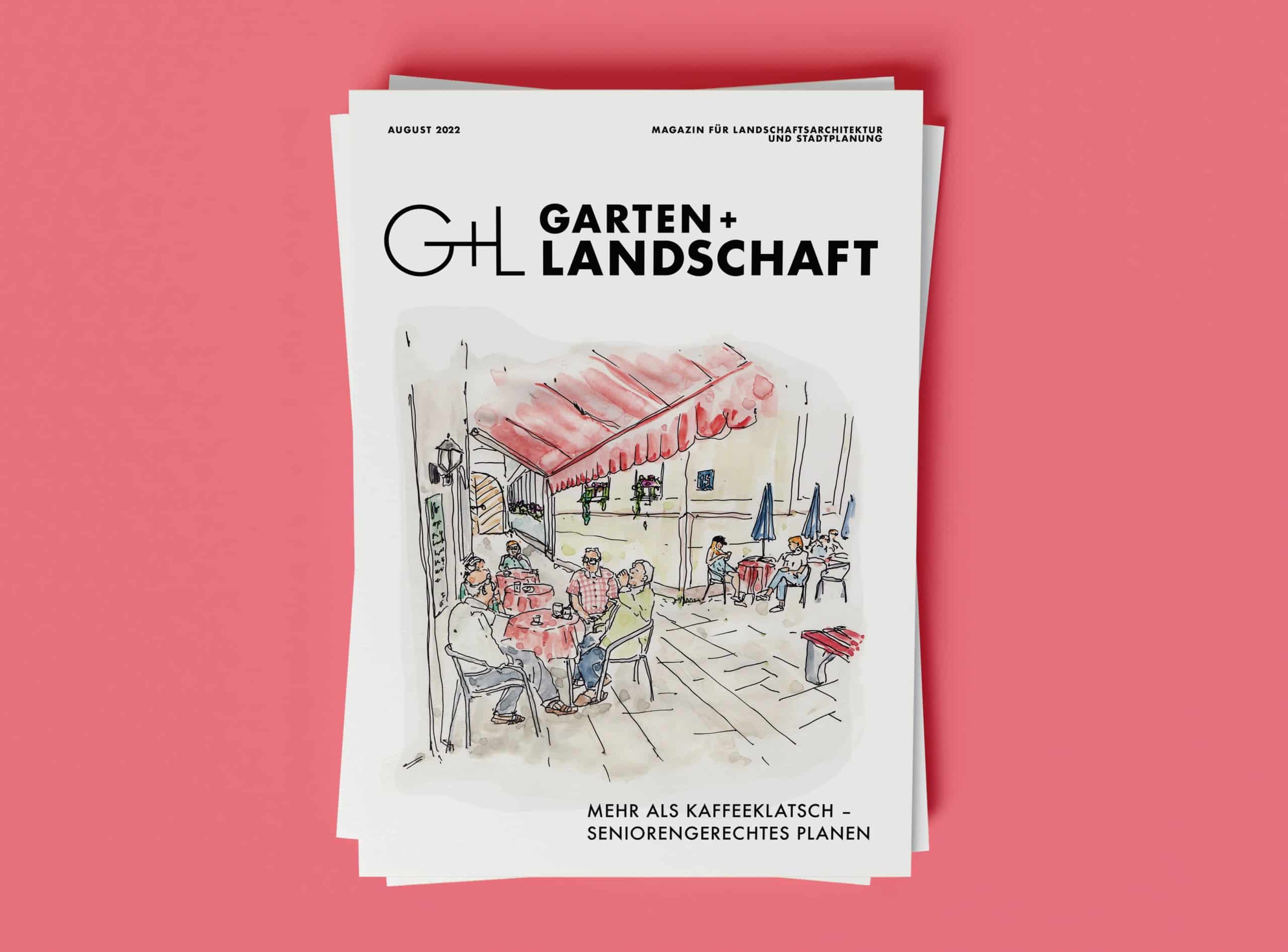 Cover der Augustausgabe der Garten+Landschaft zum Thema Seniorengerechtes Planen mit einer Illustration von Anja Flieda Fritzsche