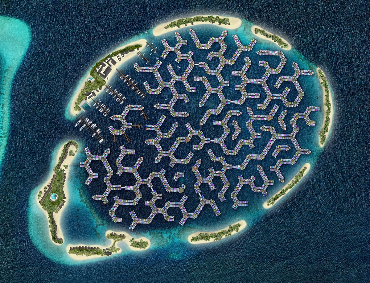 Render der Maldives Floating City, die schwimmende Stadt auf den Malediven