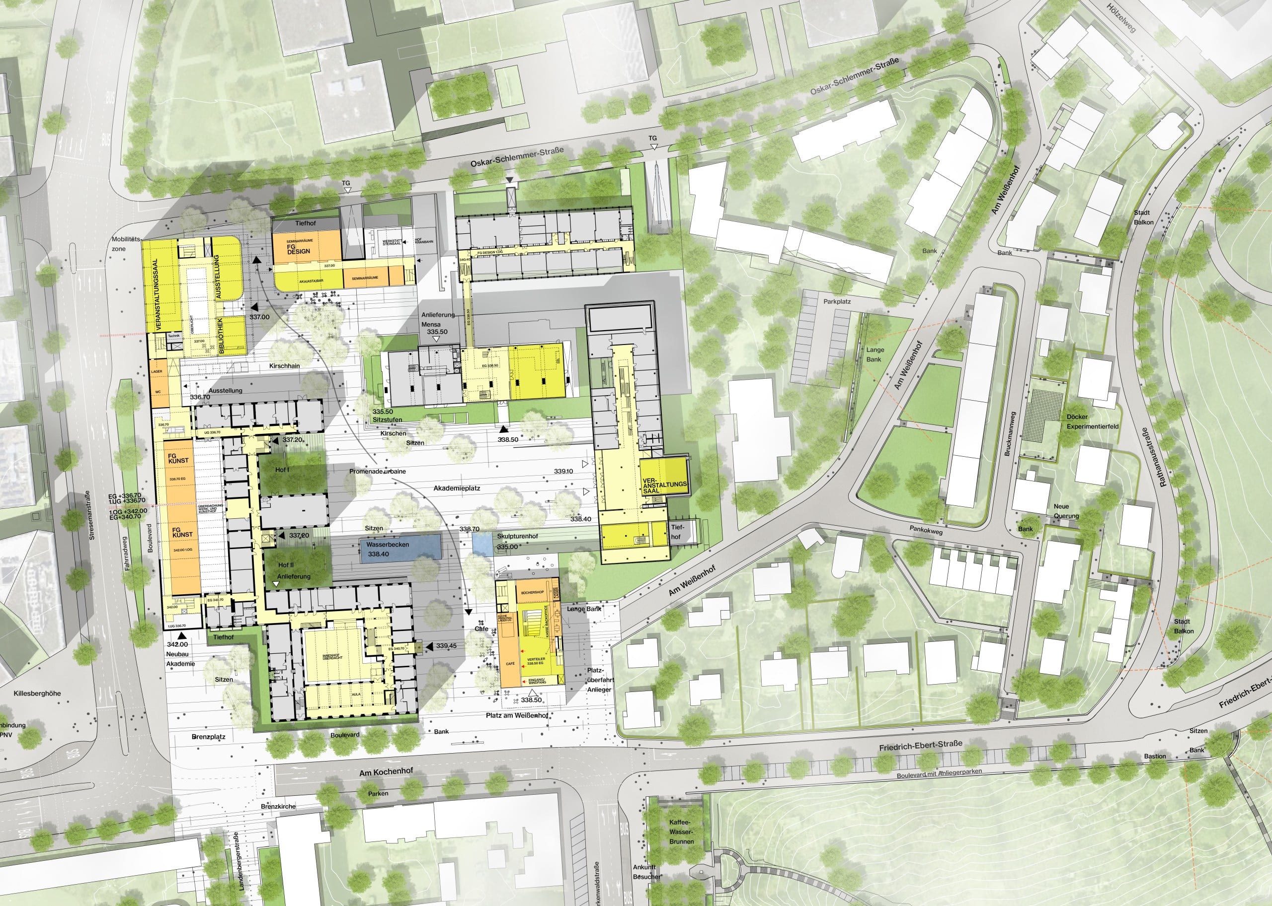 Der Lageplan der Weißenhofsiedlung zeigt die neue Platzsituation vor dem Empfangsgebäude anlässlich der IBA'27. (Entwurf: Schmutz & Partner mit Scala und Pfrommer + Roeder, alle Stuttgart)