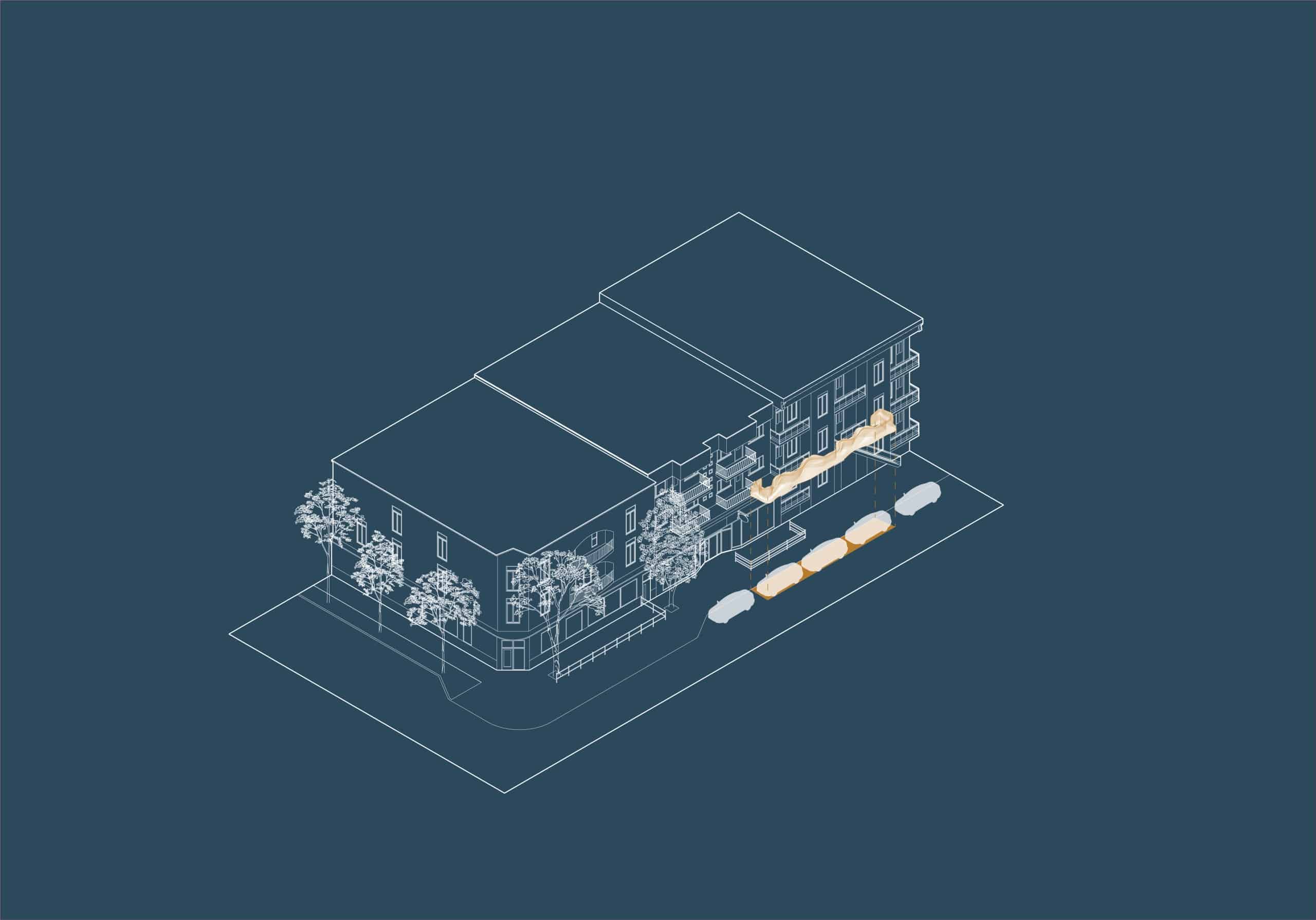 Axonometrie eines Parklets vor einer Gebäudereihe. Quinzhee Architecture und atelier mock/up, Parklet Miyagi, Québec, Konzeption: Quinzhee Architecture und Atelier Mock/up