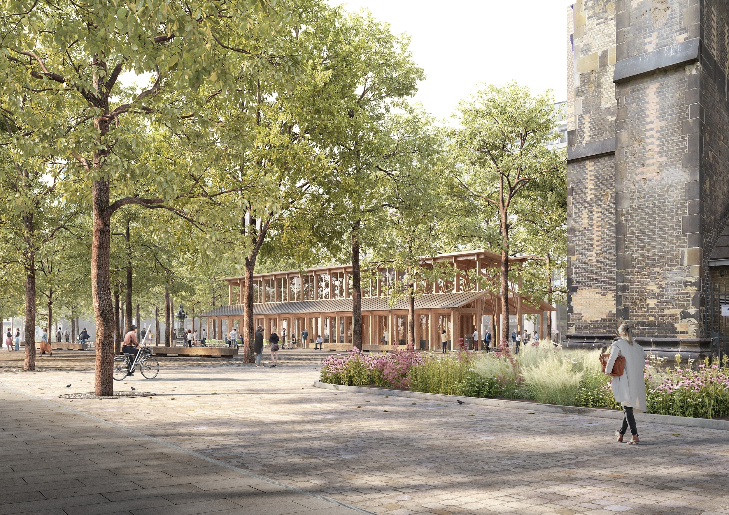 Der Holzpavillon stellt das neue Zentrum des Hopfenmarktes Hamburg dar. Copyright: Duplex Architekten und TREIBHAUS Landschaftsarchitektur