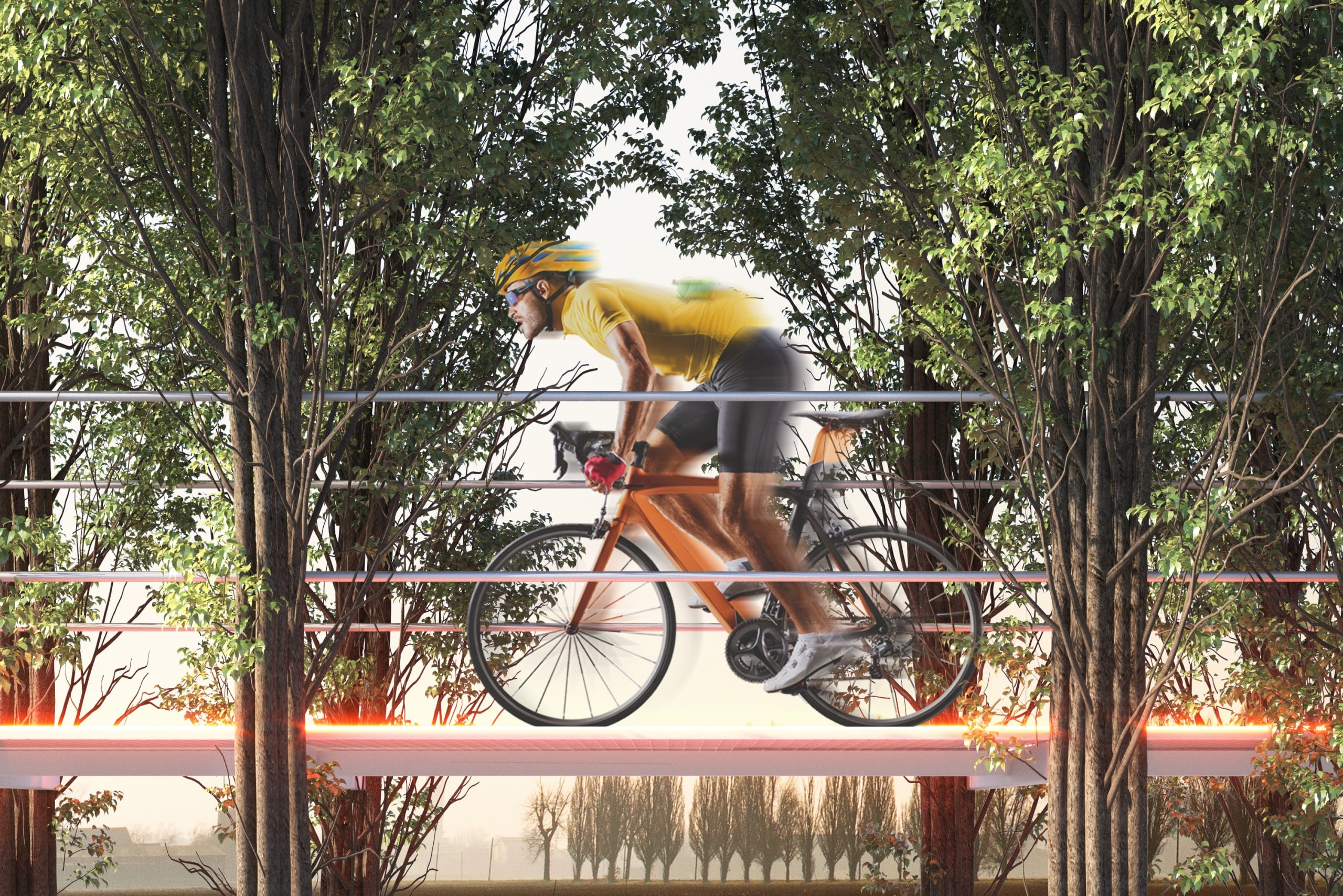 Auf einem rot leuchtenden Pfad radelt ein Radfahrer zwischen Baumkronen entlang