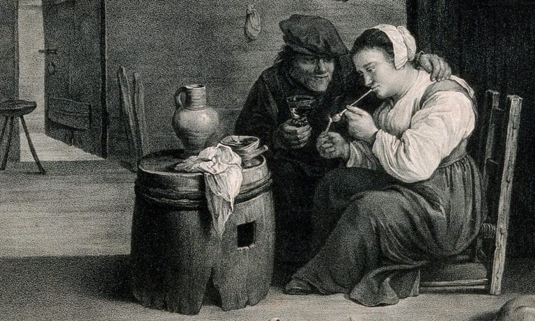 Eine Litographie aus dem 19. Jahrhundert zeigt, wie ein Mann und eine Frau neue Rauschmittel genießen. Bildquelle: Wellcome Collection (CC BY 4.0)