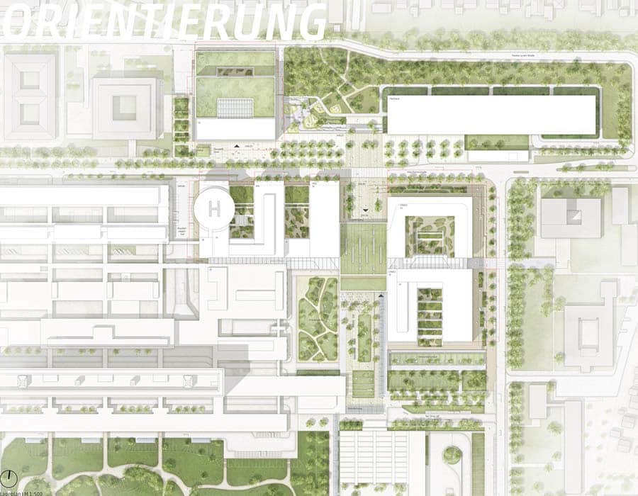 Der Lageplan zeigt die geplanten sechs Gebäude mit umgebenden Grünflächen. Bildquelle: SINAI, HENN und C.F. Møller Architects
