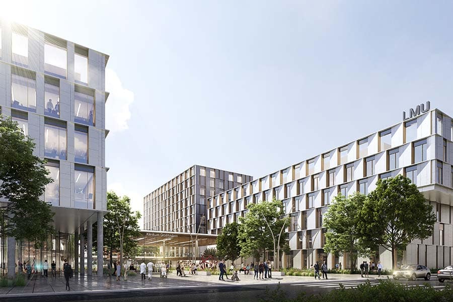 Das neue Klinikum Großhadern stellt die Patient*innen und ihr Wohlergehen auch architektonisch in den Mittelpunkt. Visualisierung: SINAI, HENN und C.F. Møller Architects