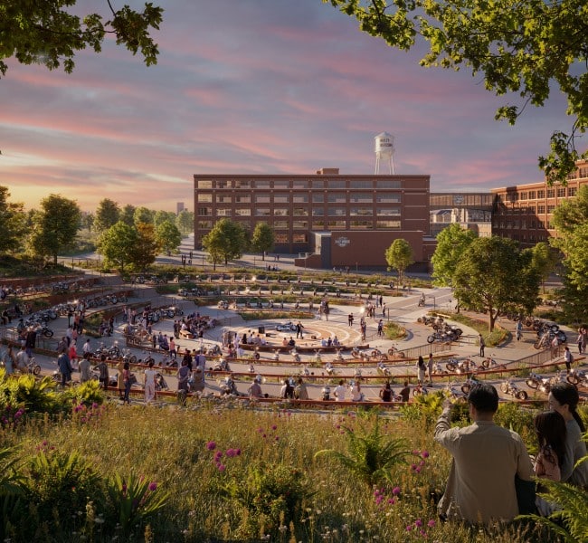 So könnte der neue Park neben dem Hauptgebäude von Harley-Davidson aussehen. Bildquelle: Heatherwick Studio