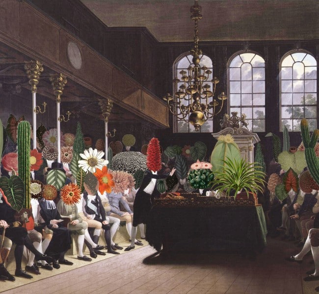 Das Gemälde zeigt Menschenkörper mit Pflanzenköpfen, die in einem Parlament sitzen.