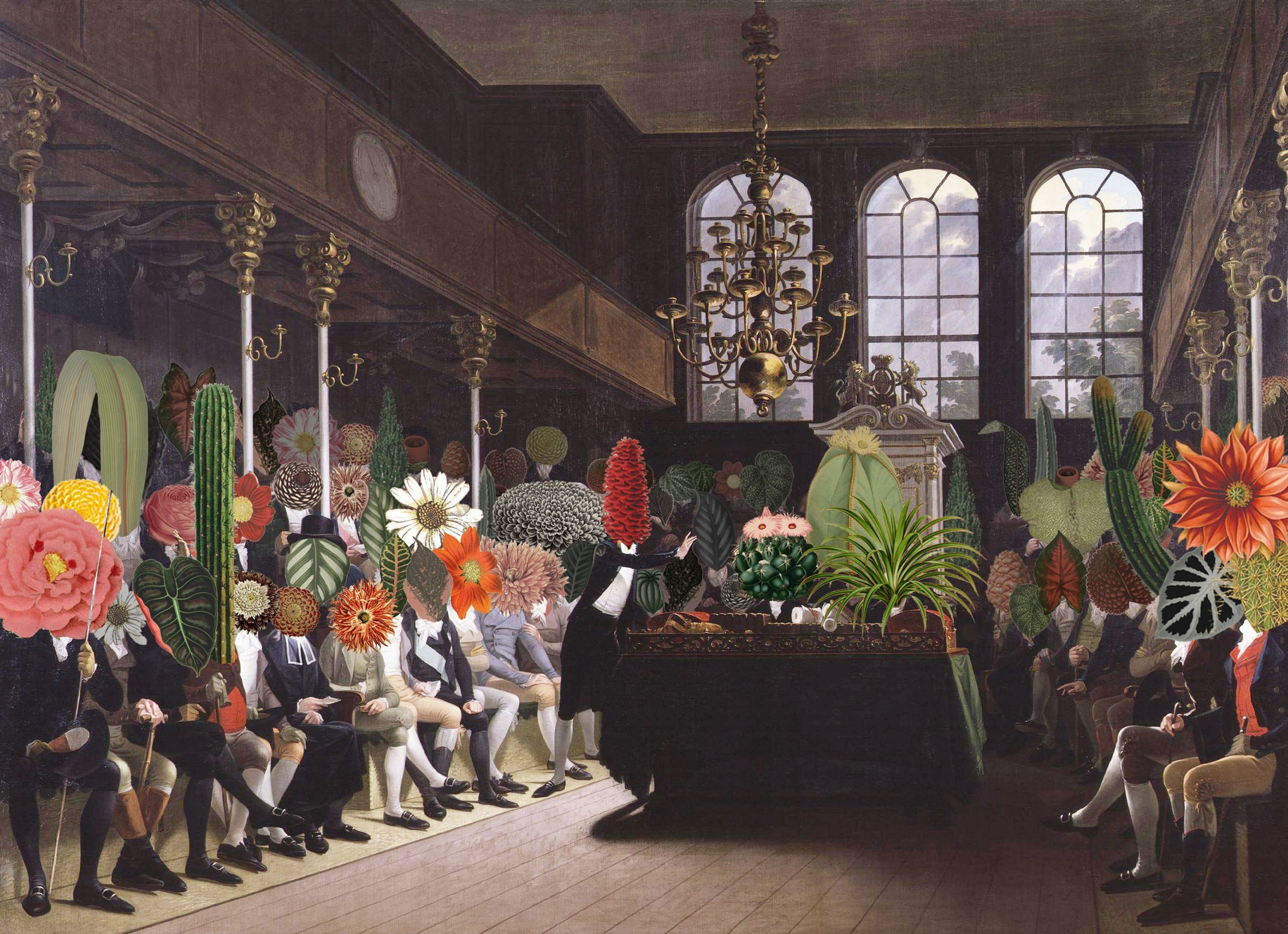 Das Gemälde zeigt Menschenkörper mit Pflanzenköpfen, die in einem Parlament sitzen.