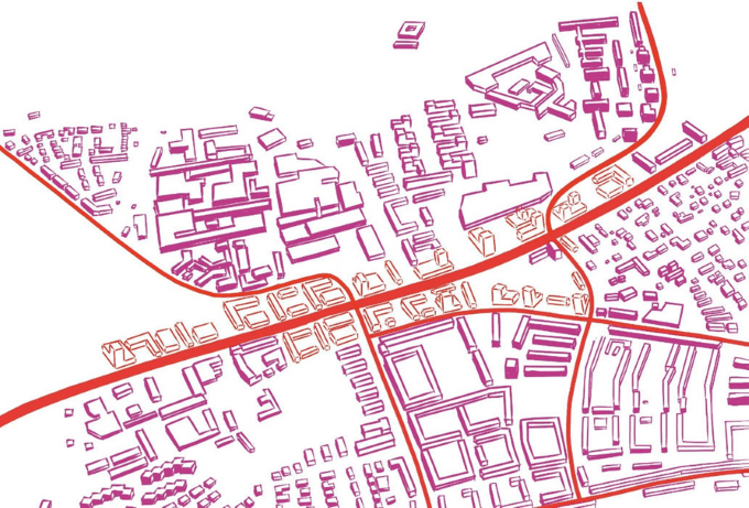 Vogelansicht einer skizzierten Stadkulisse mit rot markiertem Straßenzug