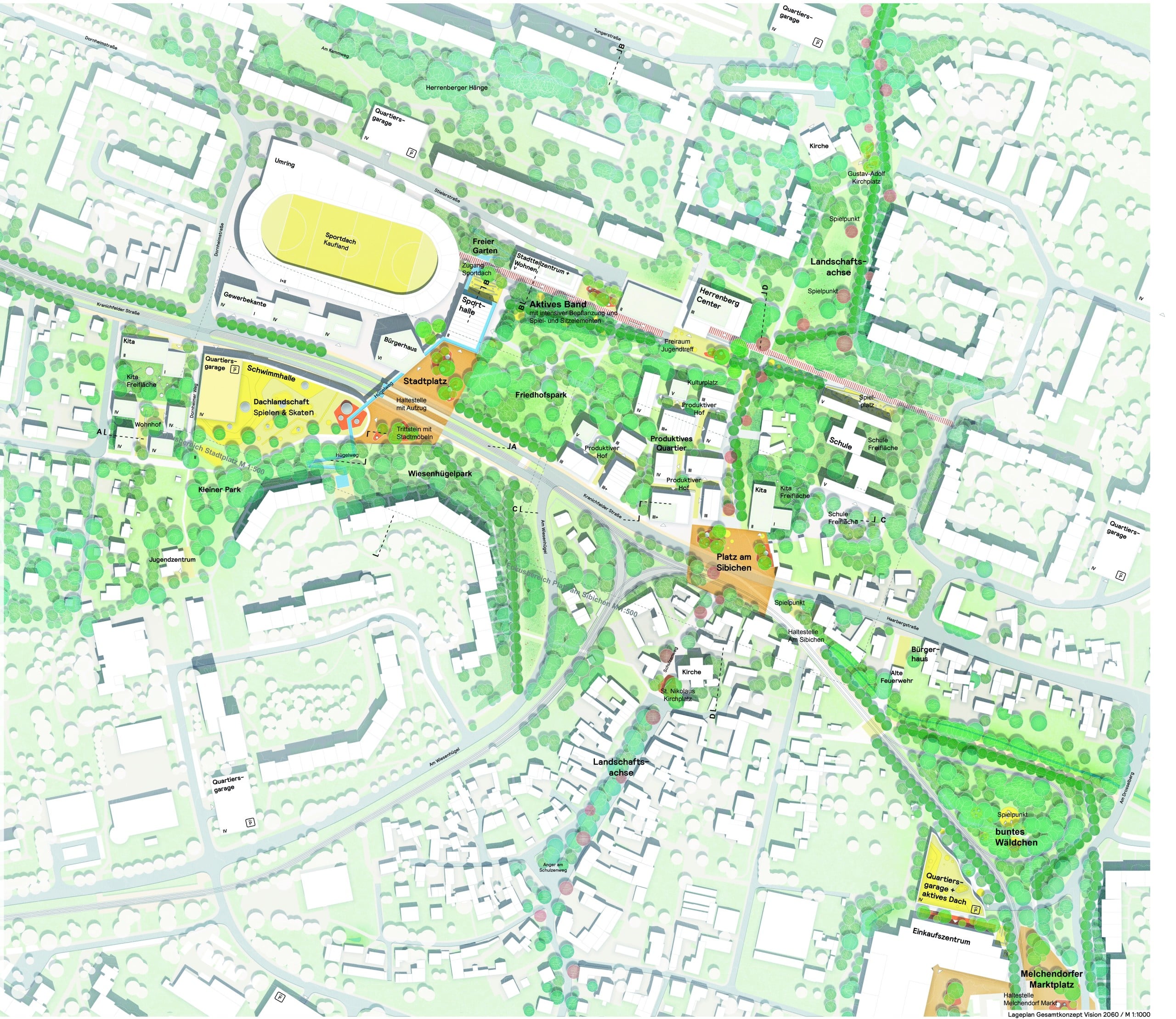 Lageplan zeigt Stadtplätze mit Grünverbindungen.