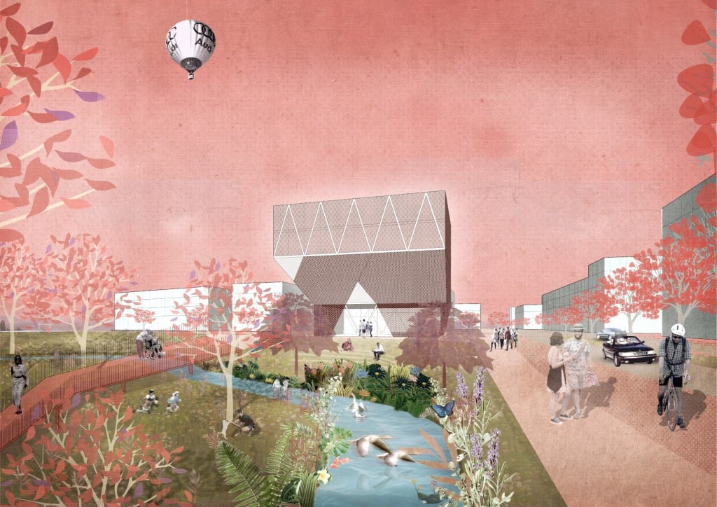 Die Visualisierung zeigt im Hintegrund ein Gebäude mit offener Fassade. Davor ein Bachlauf mit Tieren und grünem Ufersaum. Daneben sind Menschen unterwegs.