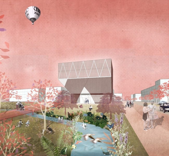 Die Visualisierung zeigt im Hintegrund ein Gebäude mit offener Fassade. Davor ein Bachlauf mit Tieren und grünem Ufersaum. Daneben sind Menschen unterwegs.
