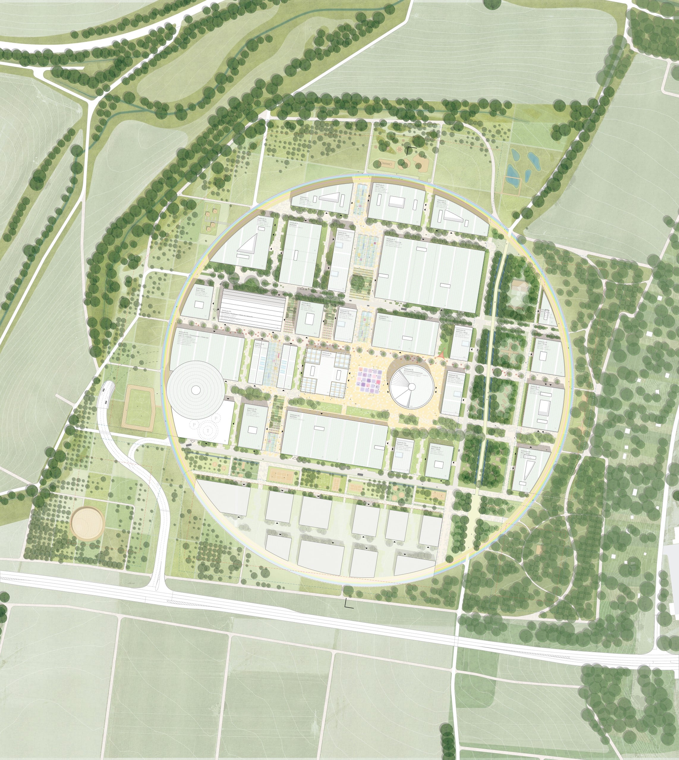 Der Plan für den KI-Park Heilbronn sieht ein kreisförmiges Areal mit 27 Meter hohen Gebäuden und viel Grün vor. Bildquelle: © MVRDV LOLA