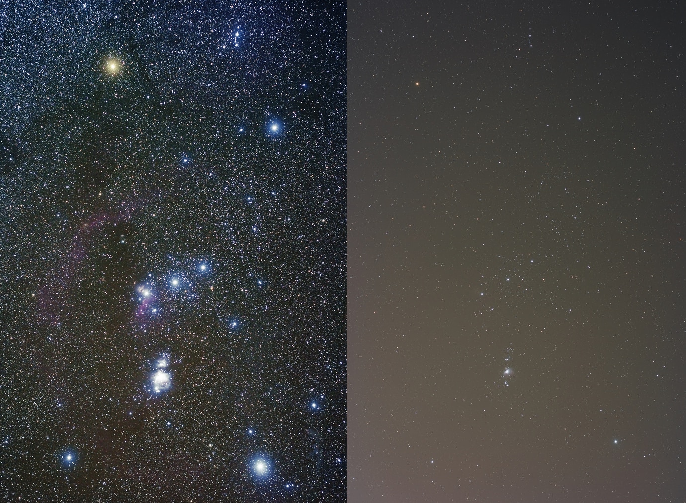 Dieser Vergleich zeigt den Nachthimmel mit und ohne Lichtverschmutzung. Bildquelle: Jeremy Stanley, CC BY 2.0 , via Wikimedia Commons