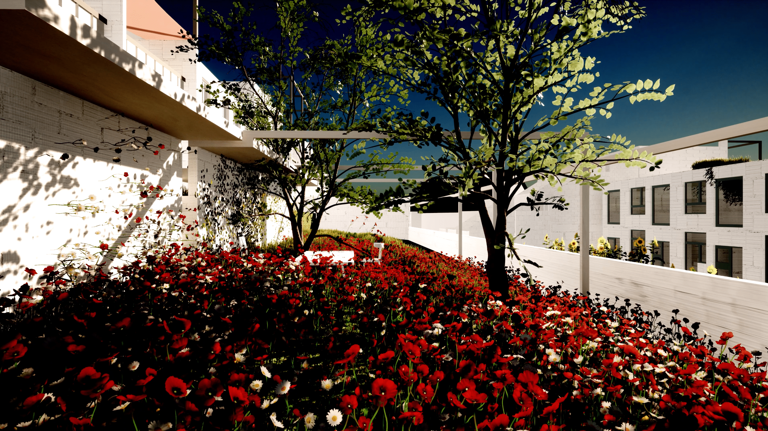 Eine Visualisierung zeigt ein weißes Gebäude mit einer blühenden Wiese und einem Baum im Zentrum.