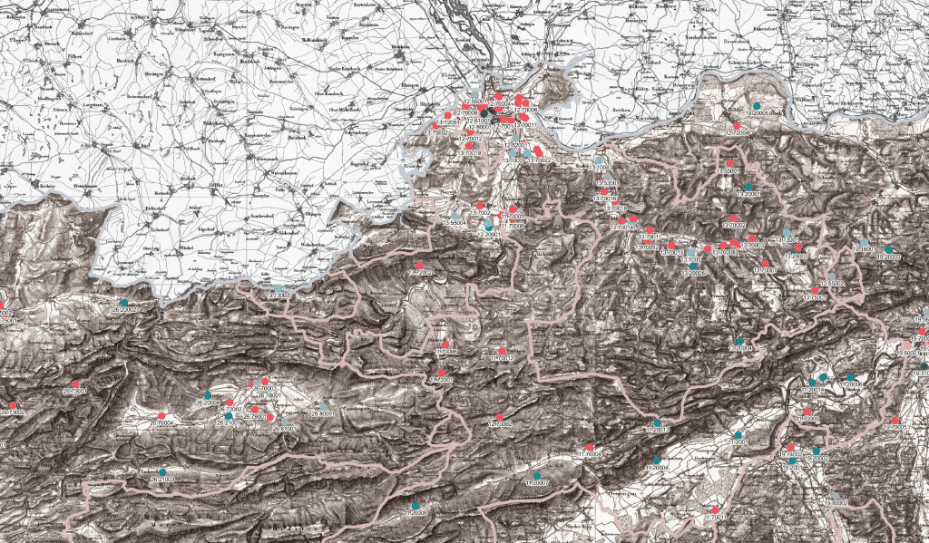 Topografische Karte der Schweiz. Darin sind verschiedene Allemndeflächen markiert.