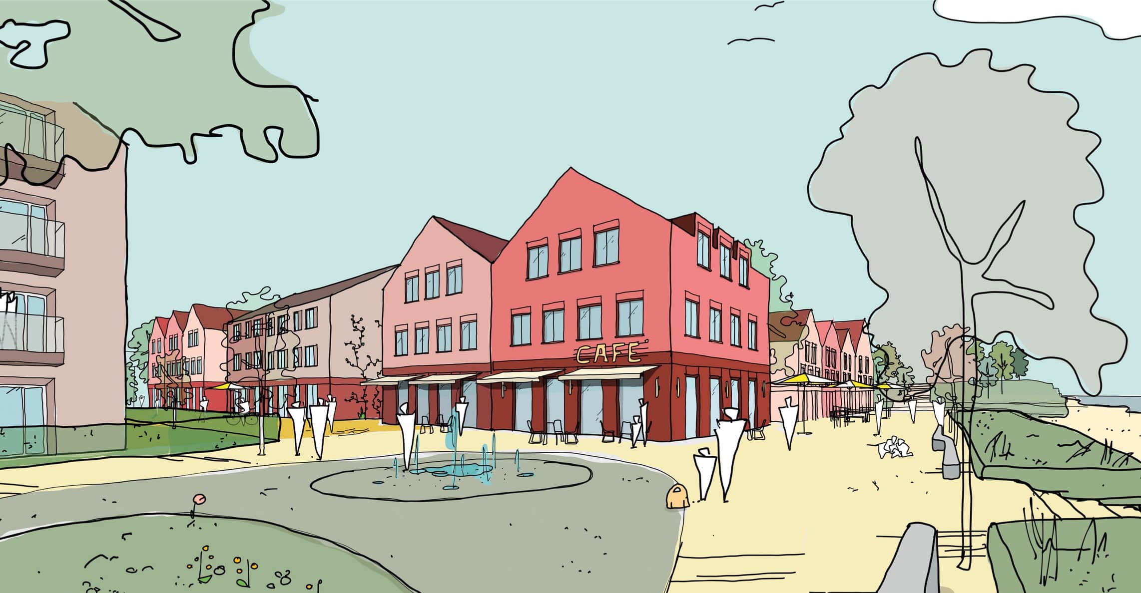 Vision Promenade und Platz in Alt Hohwacht. Mit Wasserspiel auf dem Platz. Im Hintergrund ein zweistöckiges Gebäude mit roter Fassade.
