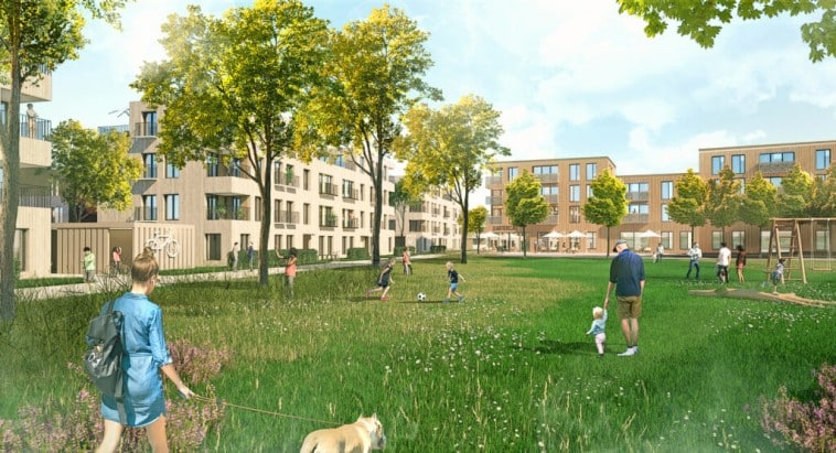 Der grüne Quartierpark im neuen Quartier Glücksstraße in Dortmund-Derne