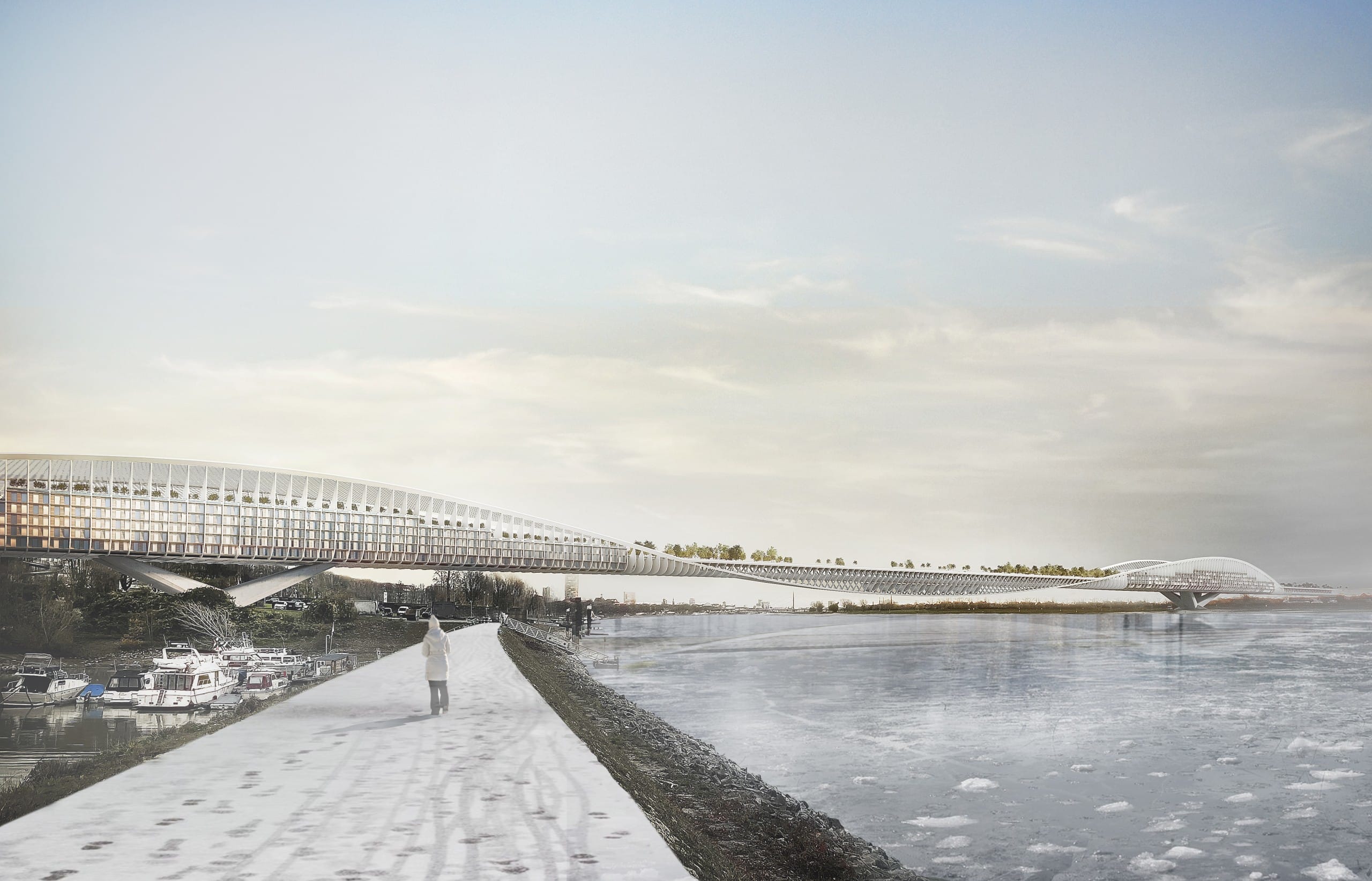 Die neue Brücke über den Rhein soll die Lebensqualität erhöhen und zu Düsseldorfs ambitionierten Klimazielen beitragen. Copyright Entwurf: RKW Architektur +, Visualisierung: Formtool, Anton Kolev
