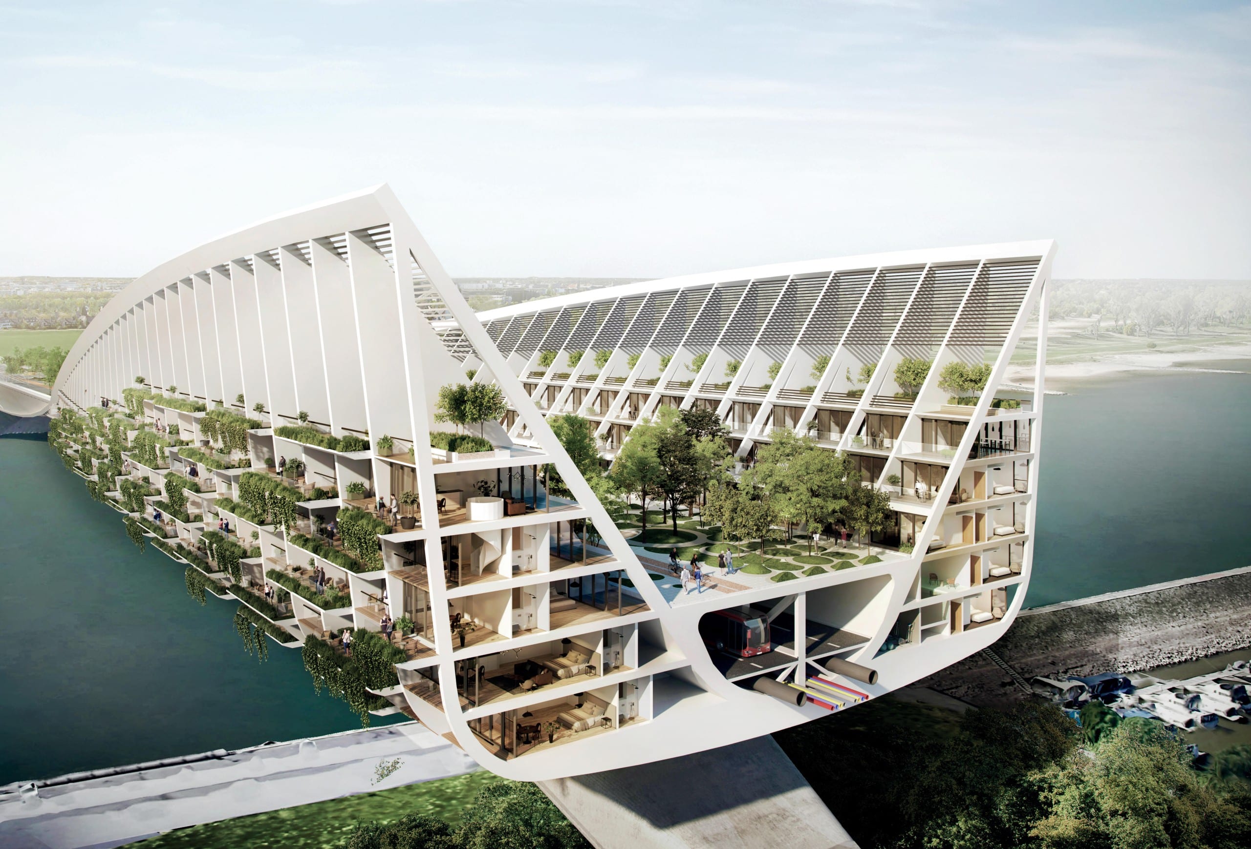 Der Querschnitt zeigt, wie die Green Bridge aufgebaut sein könnte. Copyright Entwurf: RKW Architektur +, Visualisierung: Formtool, Anton Kolev