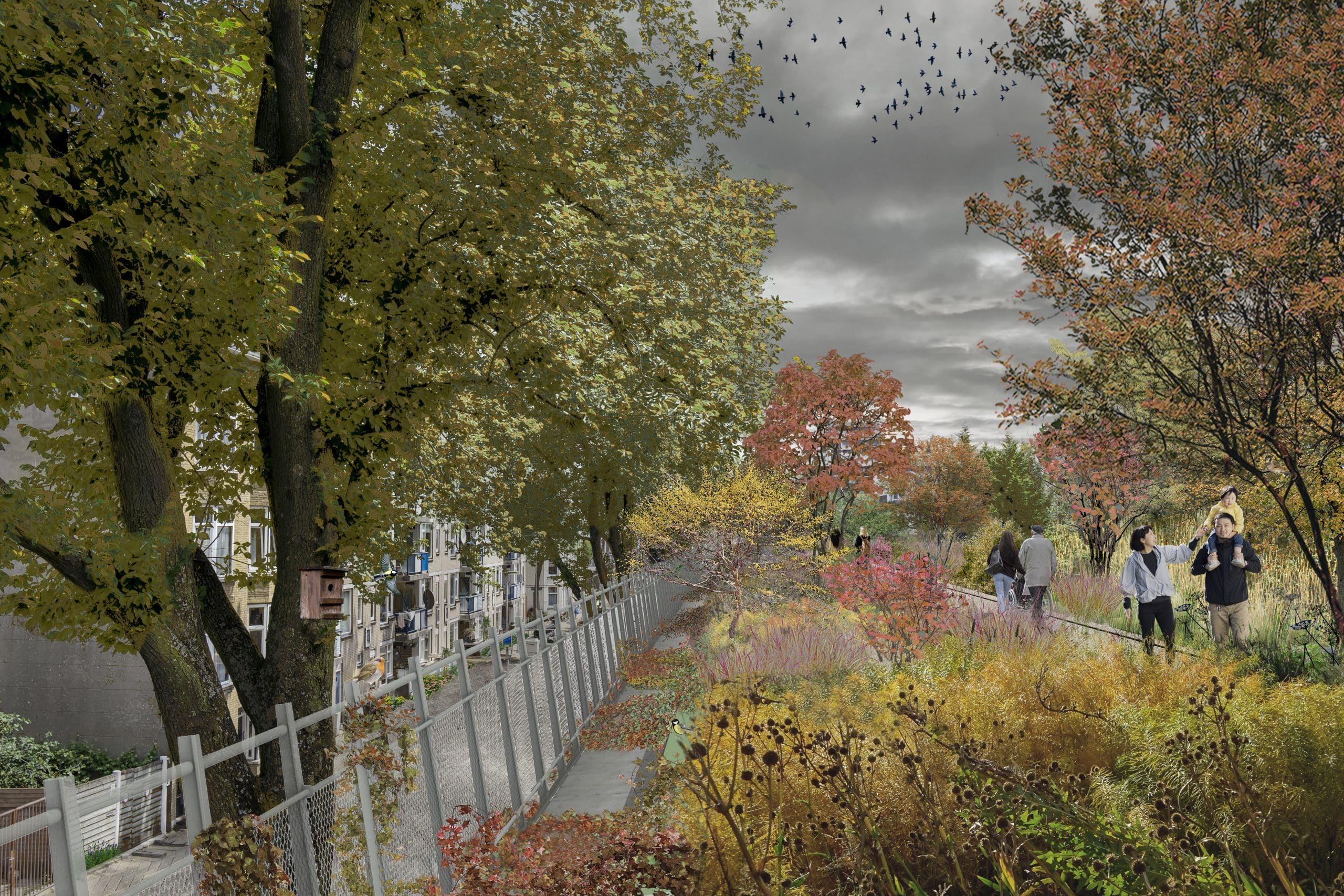 Der Hofbogenpark wird mehrere Stadtteile in Rotterdam verbinden und Raum für Mensch und Tier bieten. Bild: De Urbanisten