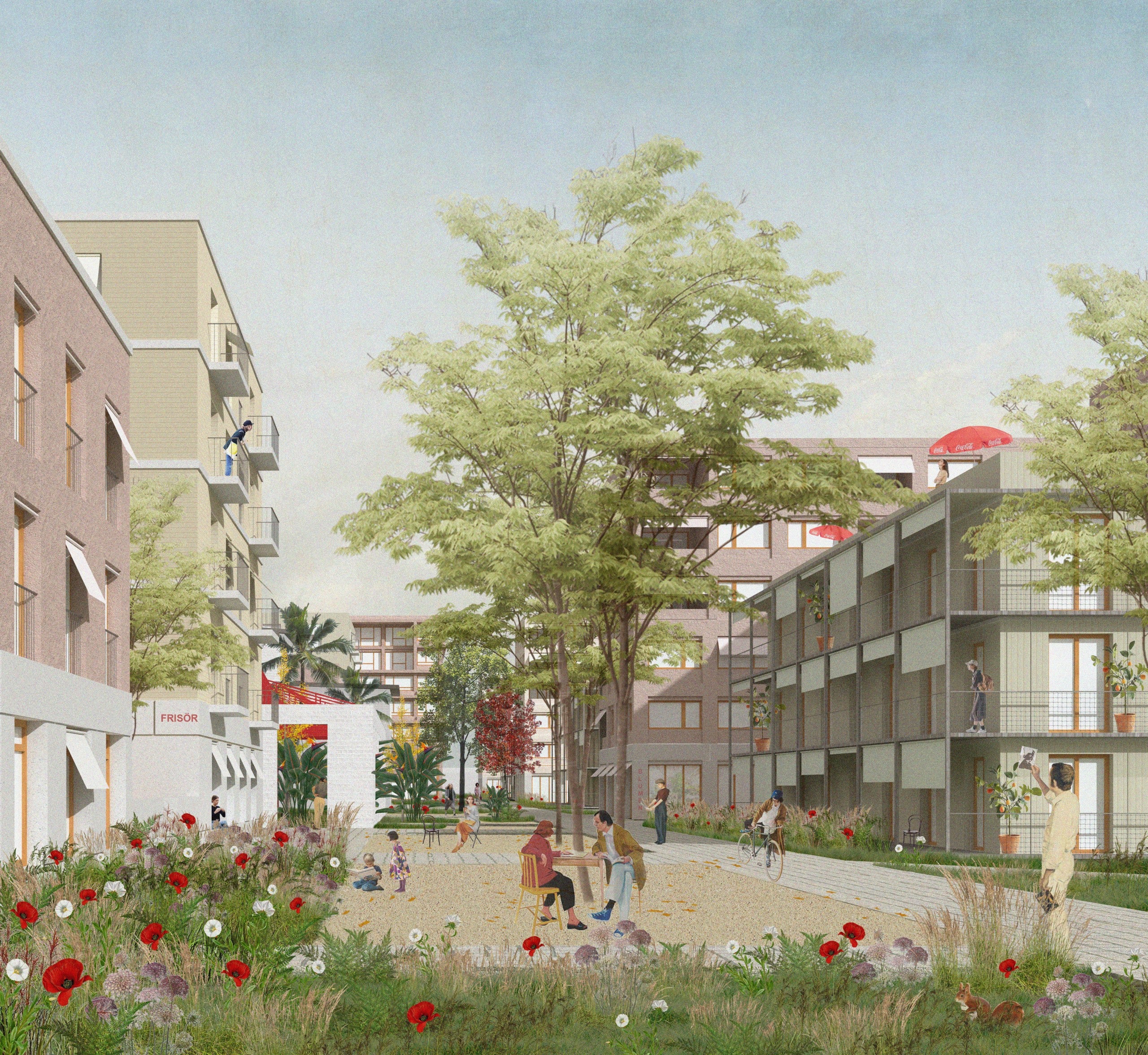 Ansicht der geplanten Gartenpromenade als Teil des Kramer-Areals. Bildquelle: studio urbanek + BELT (Architektur) und studio boden (Landschaftsarchitektur)