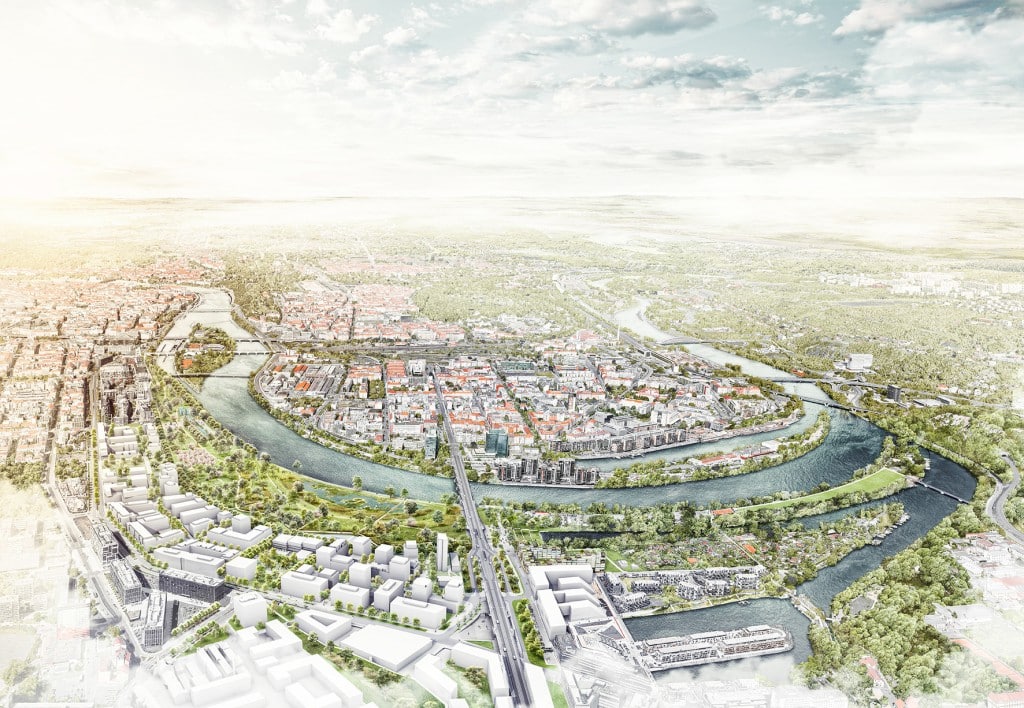 Der geplante Klimapark in Prag folgt dem mäandernden Fluss. Bildquelle: Copyright OMGEVING